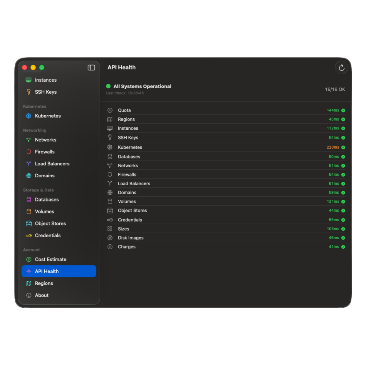 CivoCloudManager API Health view listing every Civo endpoint with response-time badge