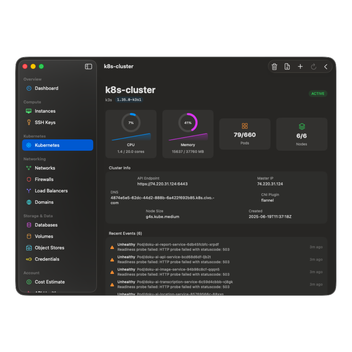 CivoCloudManager Kubernetes cluster detail with live CPU and memory gauges, recent events, deployments, and pod logs