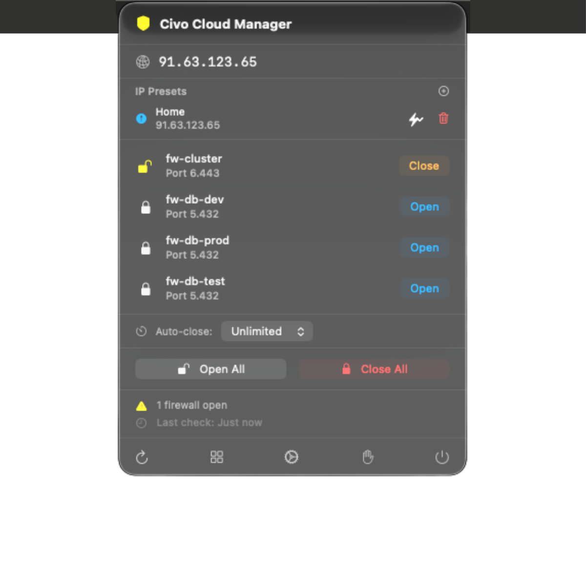 CivoCloudManager menu-bar popover showing IP presets, firewall list and one-click open/close buttons